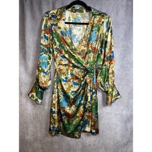 Zara Retro Boho Floral Mini Faux Wrap Dress Satin Effect Blue Brown Sz XS